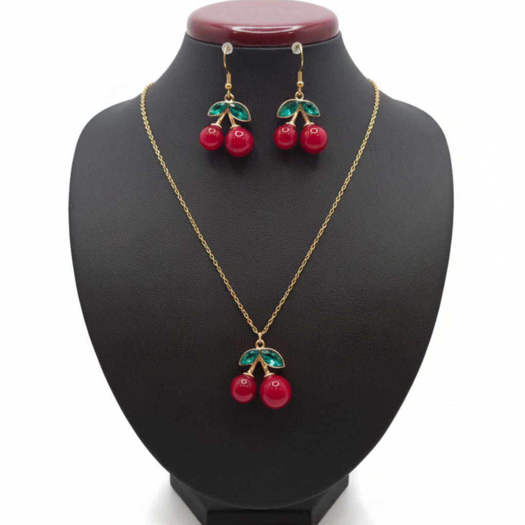 Conjunto Collar y Pendientes de Cerezas Rojas de Acero Chapado en Oro 18K