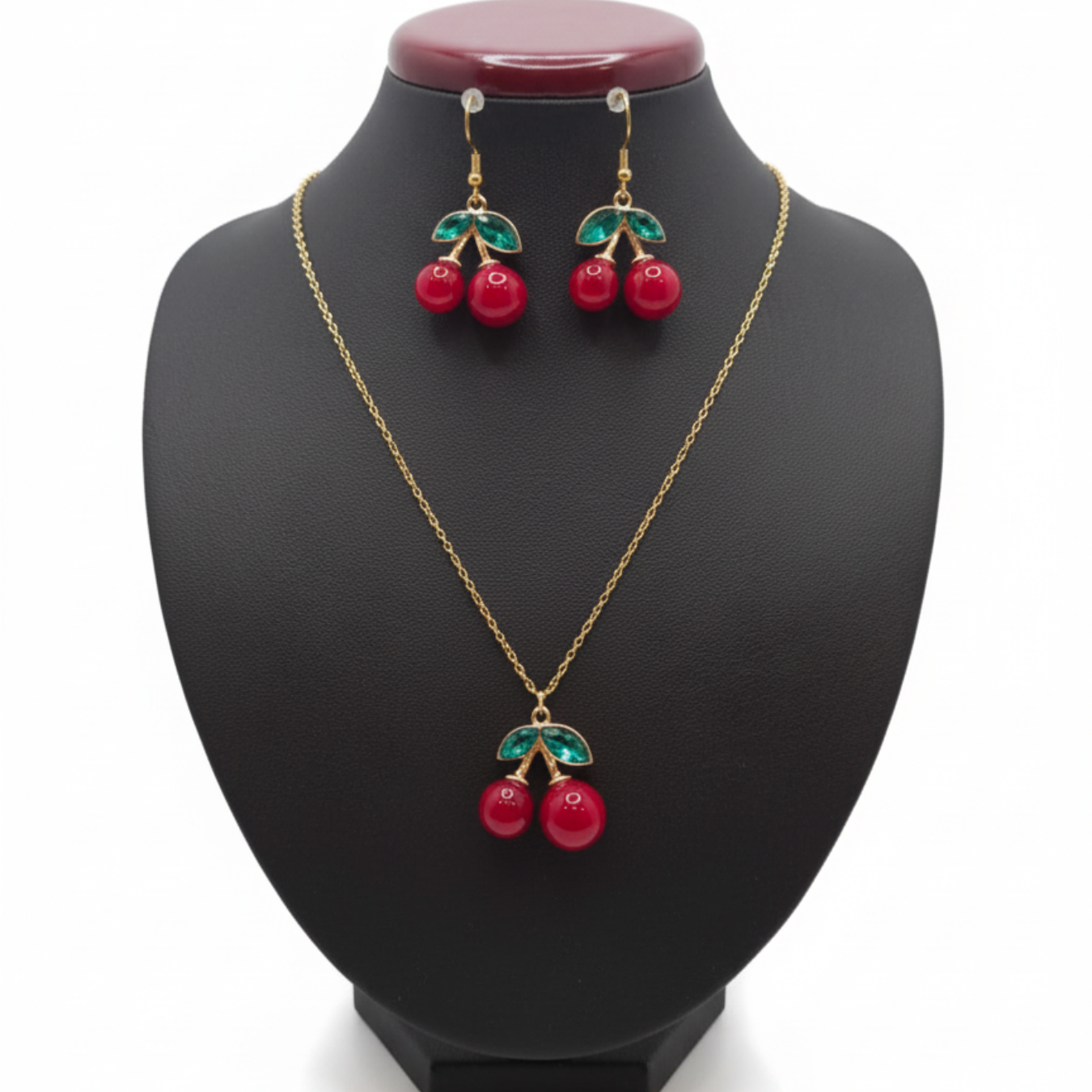 Conjunto Collar y Pendientes de Cerezas Rojas de Acero Chapado en Oro 18K