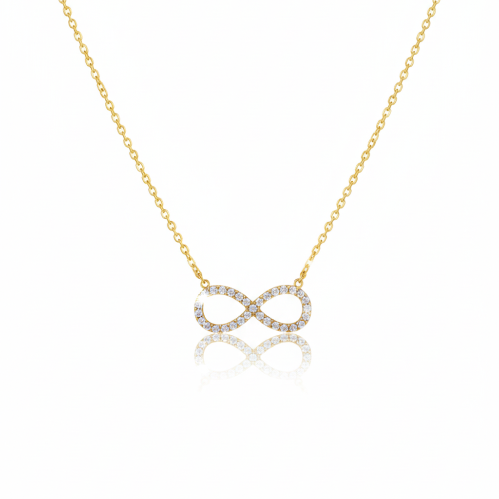 Collier à fine chaîne avec pendentif infini en diamants, plaqué or 18 carats et acier
