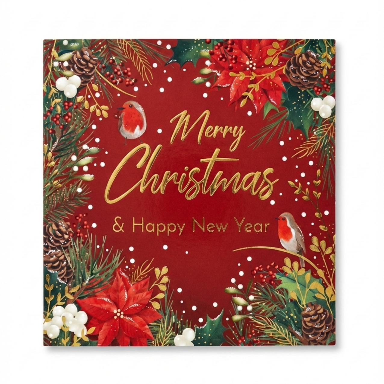 Tarjeta Navideña Tradicional con Botánica, Petirrojos y Texto Dorado (Incluye Sobre)