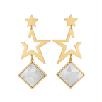 Boucles d'oreilles pendantes longues ornées d'étoiles et de losanges en nacre, 100 % acier, plaqué or 18 carats