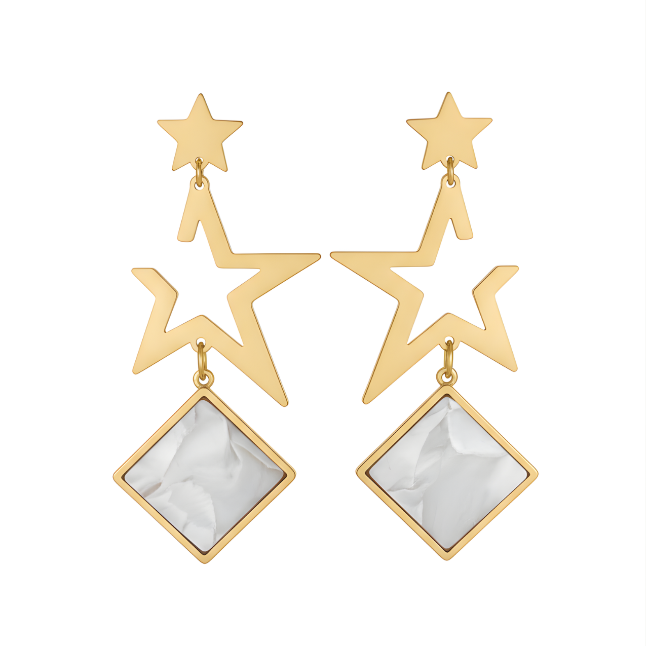 Pendientes Largos Colgantes de Estrellas y Rombo Nácar 100% Acero Bañado en Oro 18K