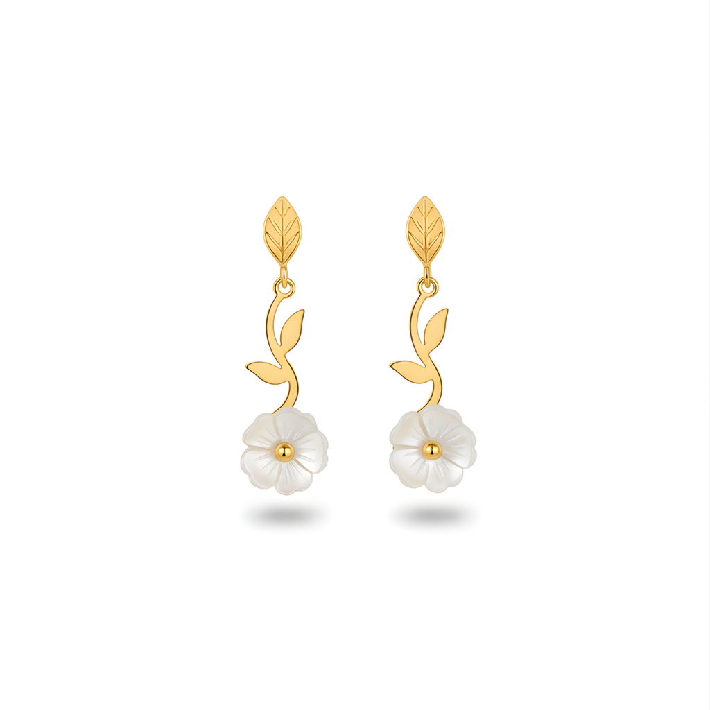 Long Dangle Earrings with Mother-of-Pearl Flower and Leaf, 100% Steel, 18K Gold Plated