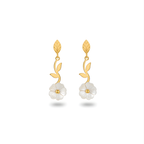 Long Dangle Earrings with Mother-of-Pearl Flower and Leaf, 100% Steel, 18K Gold Plated