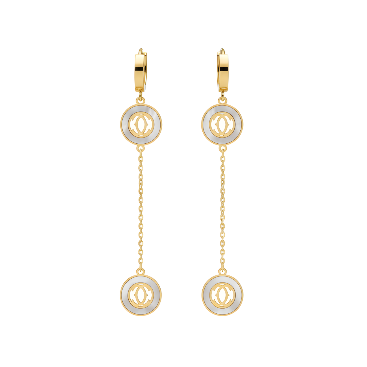 Pendientes Largos Colgantes con Doble Círculo Entrelazado 100% Acero Bañado en Oro 18K