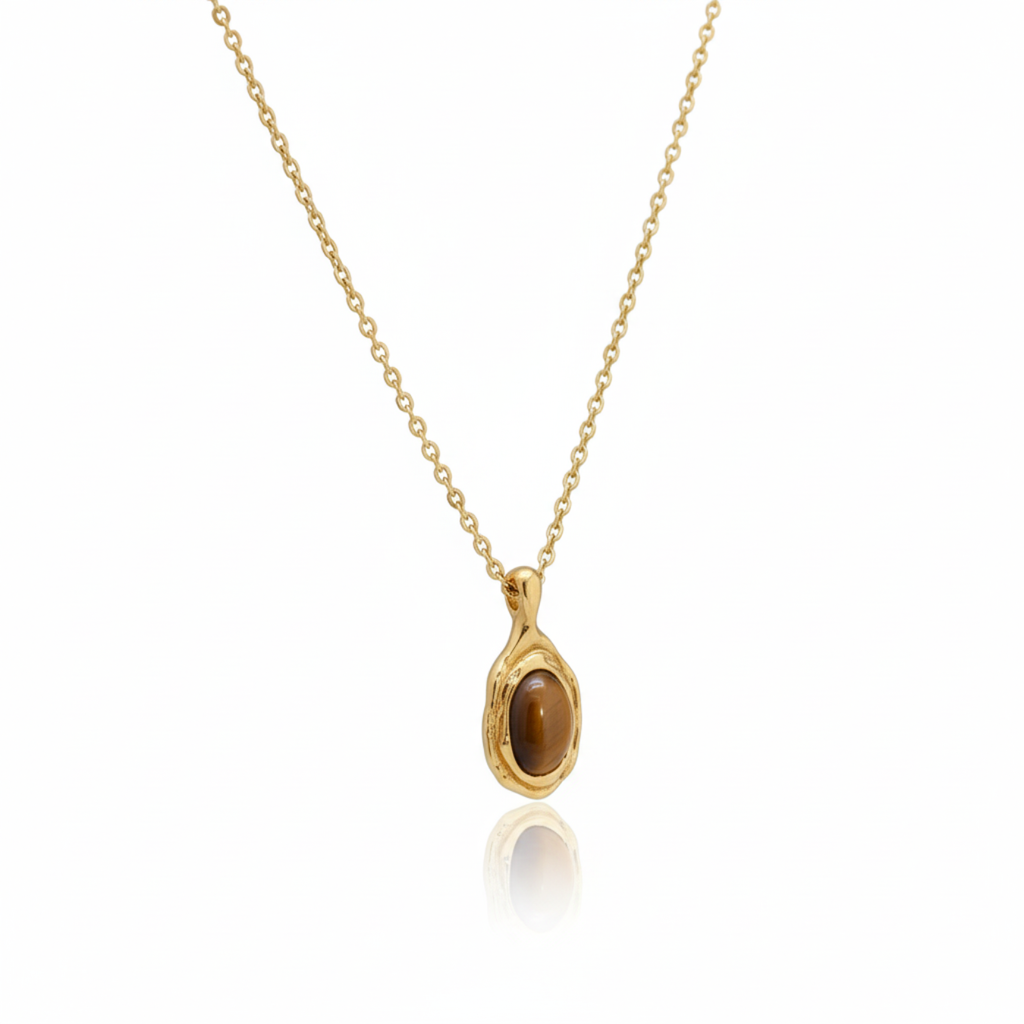 Fine Chain Necklace with Oval Tiger's Eye Pendant and 18K Gold Plated Steel