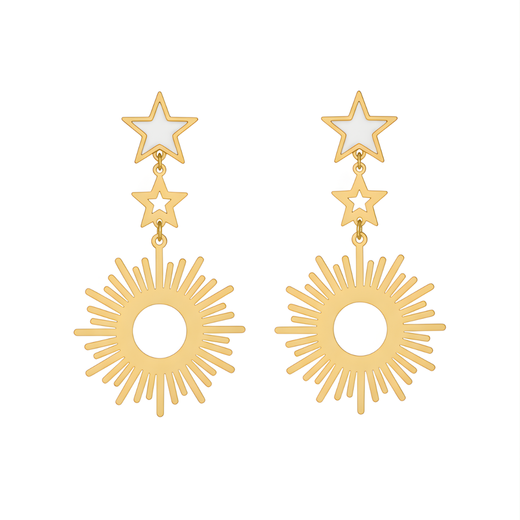 Pendientes Largos Colgantes Sol y Estrellas 100% Acero Bañado en Oro 18K