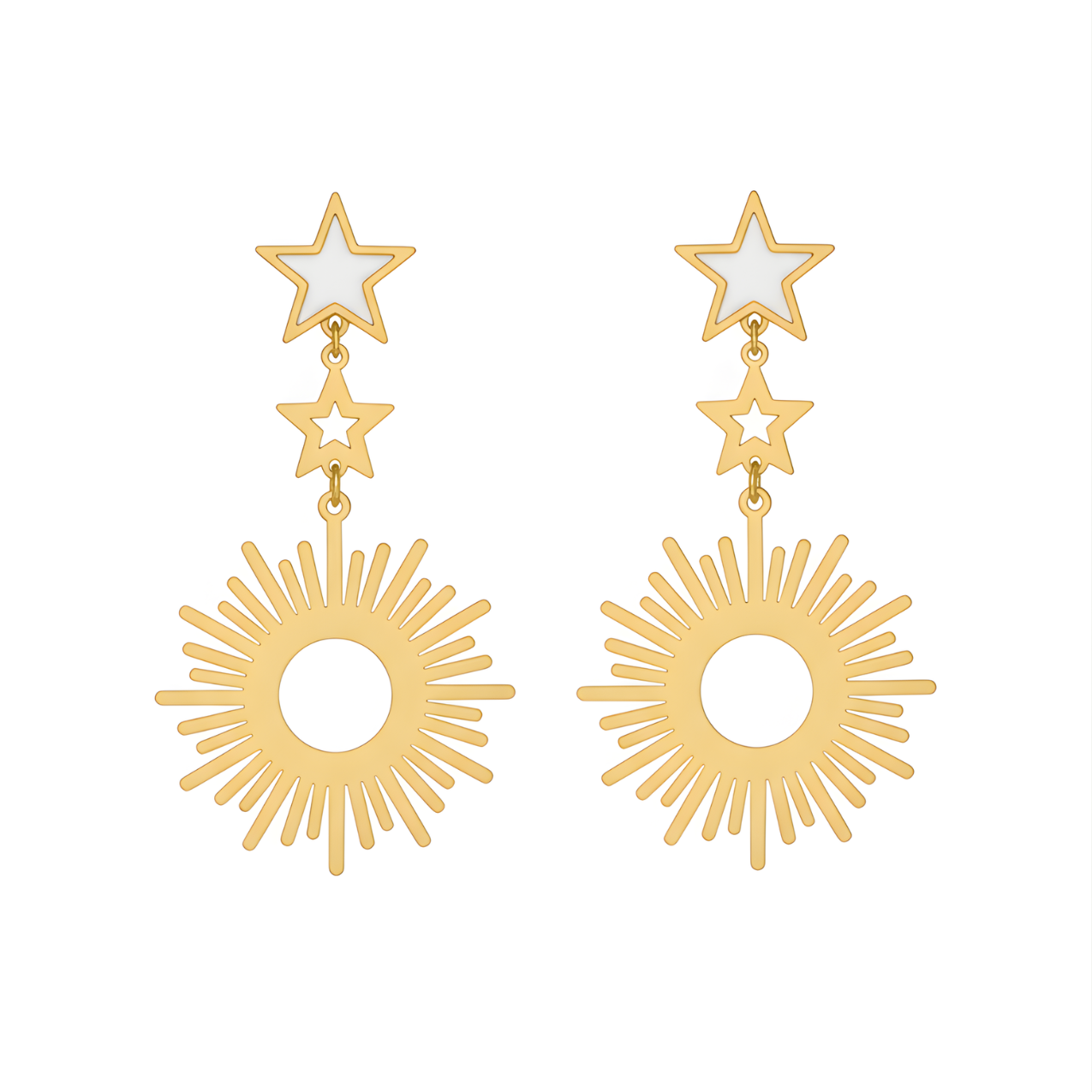 Pendientes Largos Colgantes Sol y Estrellas 100% Acero Bañado en Oro 18K