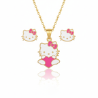 Conjunto de Pendientes Infantiles Hello Kitty con Lazo Rosa de Acero Chapado en Oro 18K