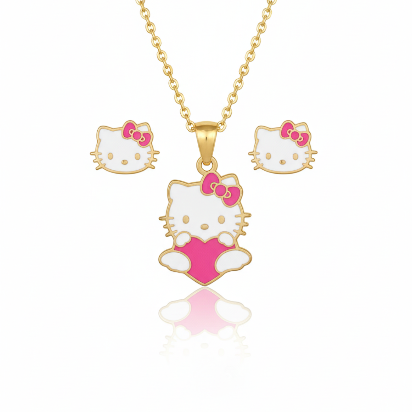 Conjunto de Pendientes Infantiles Hello Kitty con Lazo Rosa de Acero Chapado en Oro 18K
