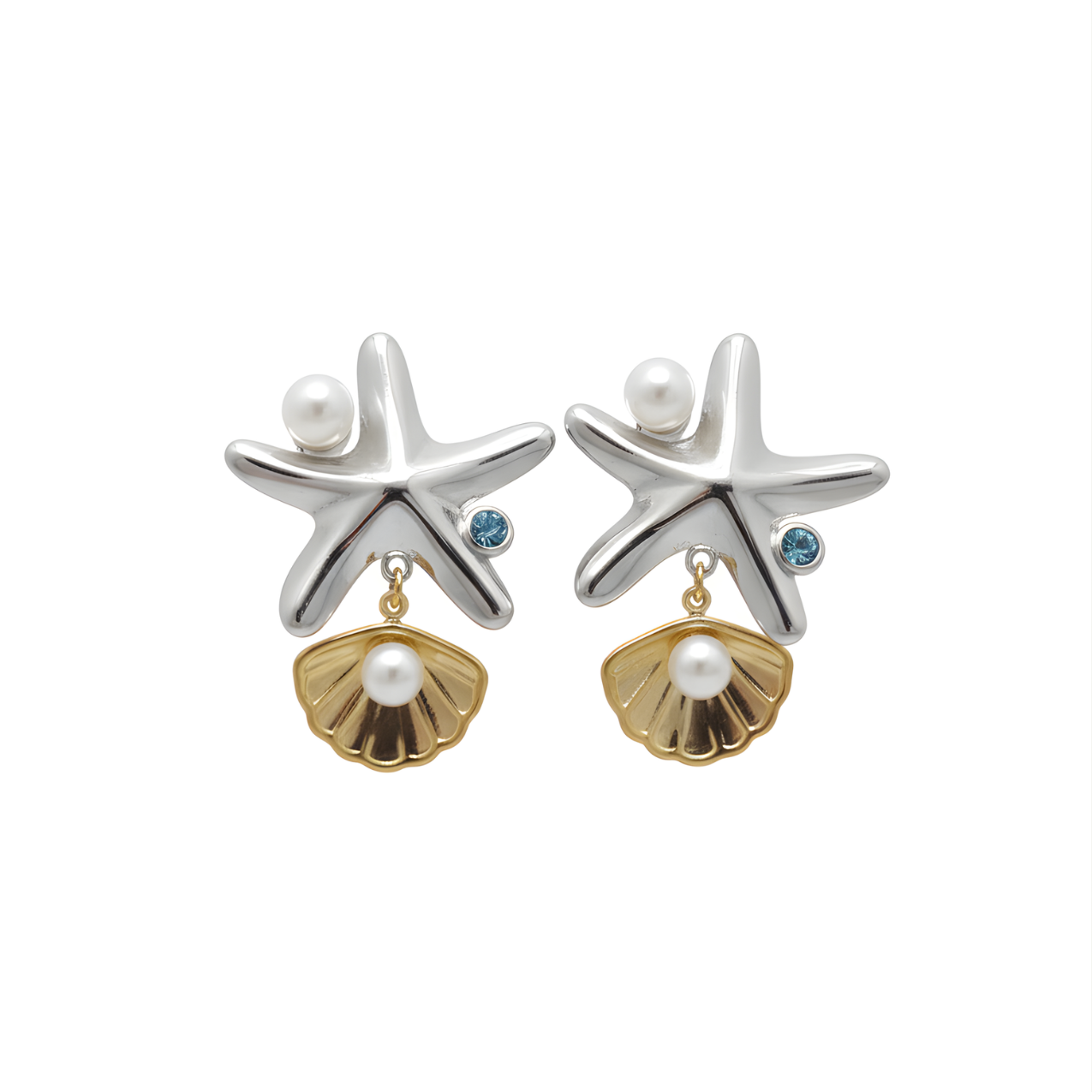 Pendientes Estrella de Mar y Concha con Perlas 100% Acero Bicolor (Plata y Baño de Oro 18K)
