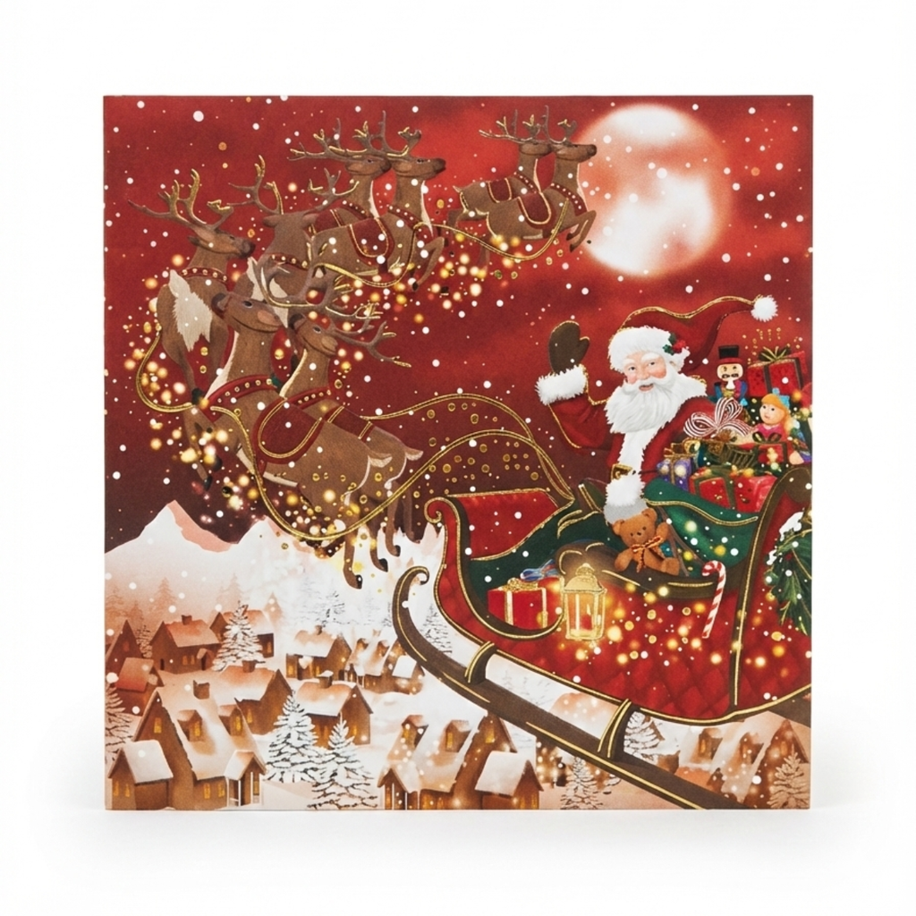 Tarjeta Navideña: El Vuelo de Papá Noel y su Trineo con Renos (Incluye Sobre)