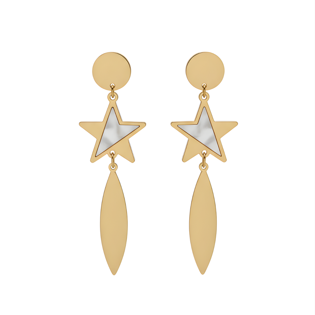 Long Dangle Earrings with Mother-of-Pearl Star and Leaf, 100% Steel, 18K Gold Plated