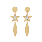 Long Dangle Earrings with Mother-of-Pearl Star and Leaf, 100% Steel, 18K Gold Plated