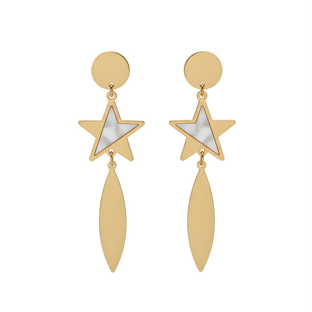 Pendientes Largos Colgantes de Estrella Nácar y Hoja 100% Acero Bañado en Oro 18K