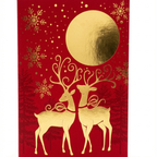 Tarjeta de Navidad Elegante con Renos y Luna Dorada sobre Fondo Rojo (Incluye Sobre)
