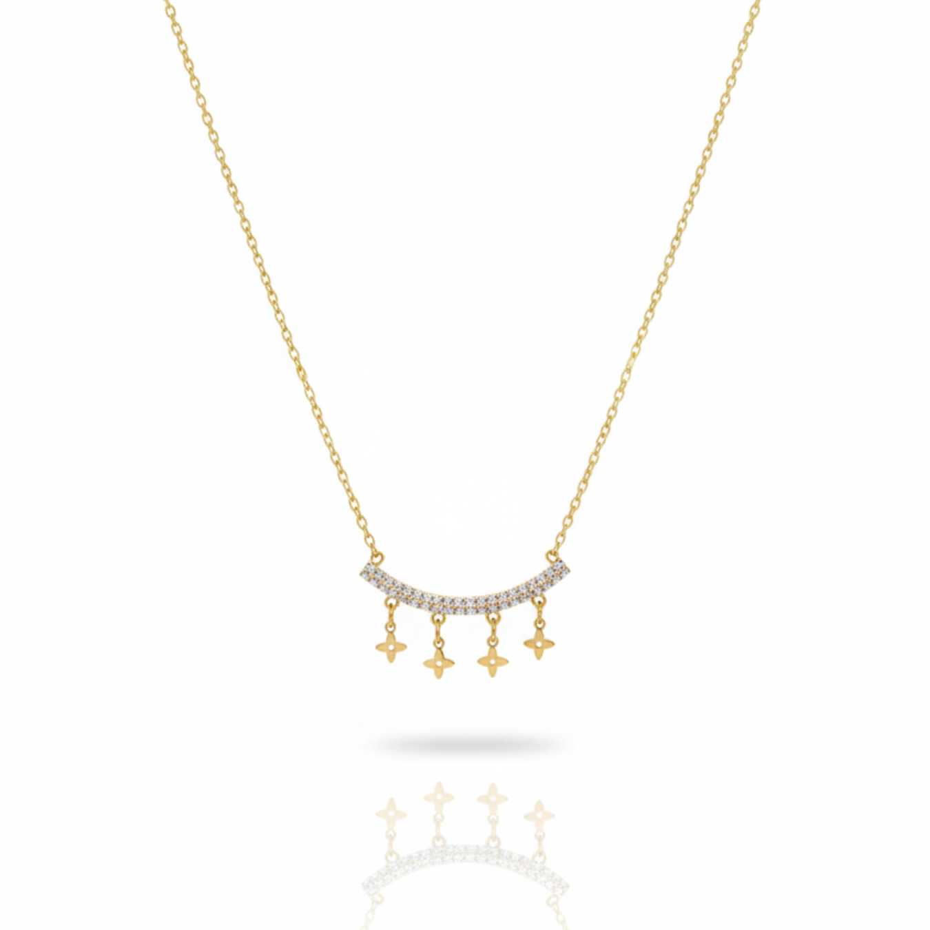 Collar Cadena Fina con Colgante Curvo de Brillantes y Dijes de Flor de Acero Chapado en Oro 18K