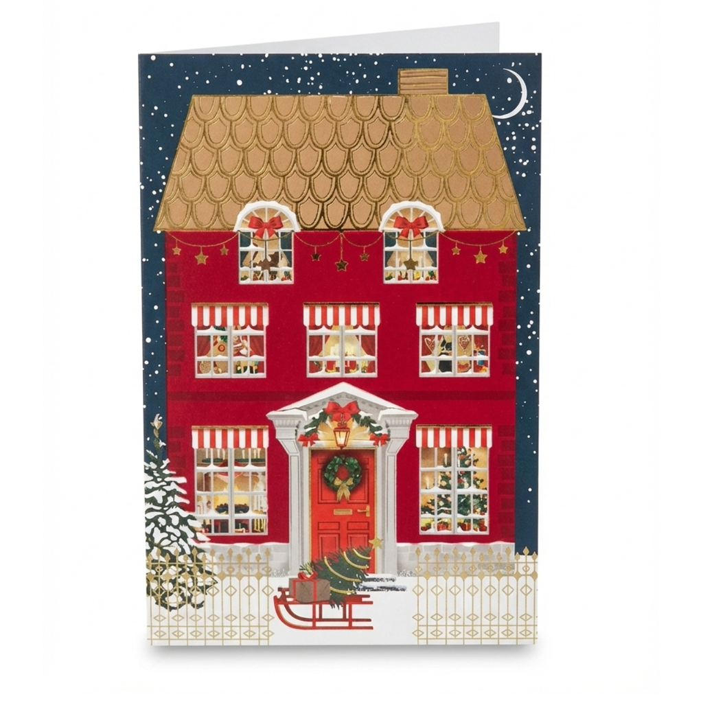 Tarjeta de Navidad Casita Roja Festiva y Dorado (Incluye Sobre)