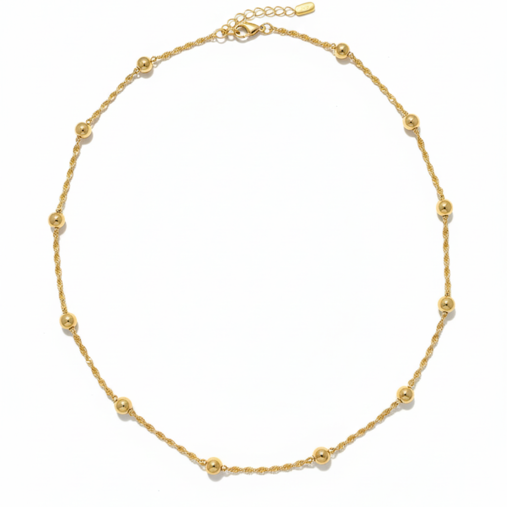 Collier en acier plaqué or 18 carats avec chaîne tressée et perles séparées