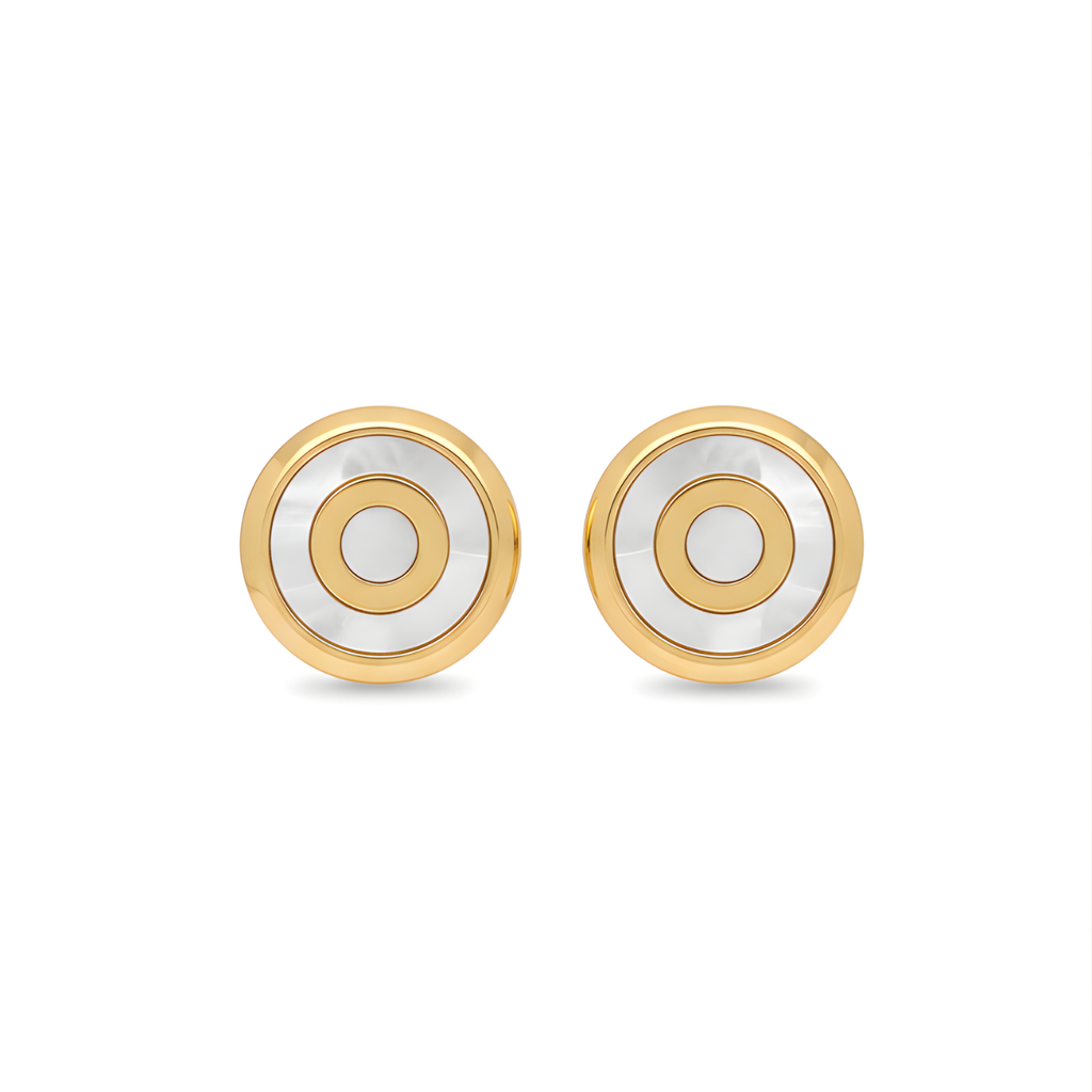 Boucles d'oreilles à clous en forme de cercles concentriques avec nacre, 100 % acier plaqué or 18 carats
