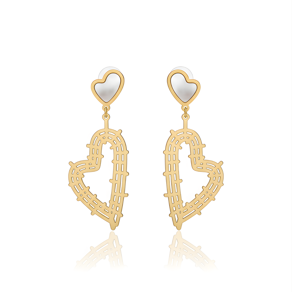 Boucles d'oreilles pendantes longues avec cœur en nacre et cœur ajouré, 100 % acier, plaqué or 18 carats