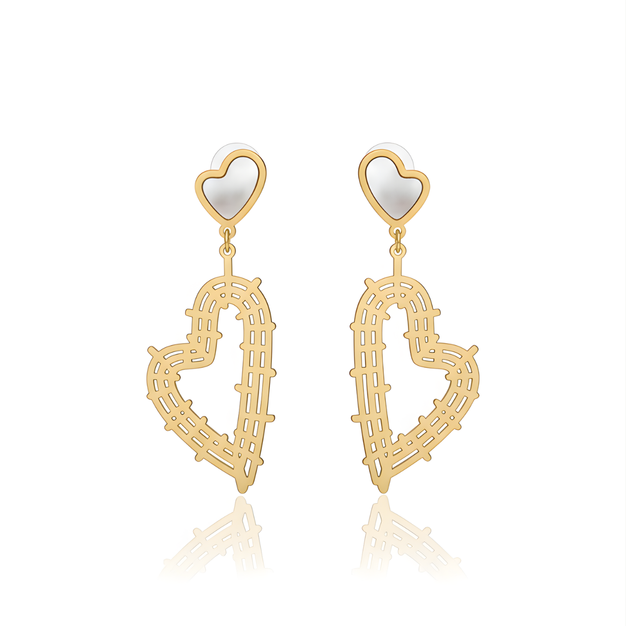 Pendientes Largos Colgantes de Corazón Nácar y Corazón Calado 100% Acero Bañado en Oro 18K