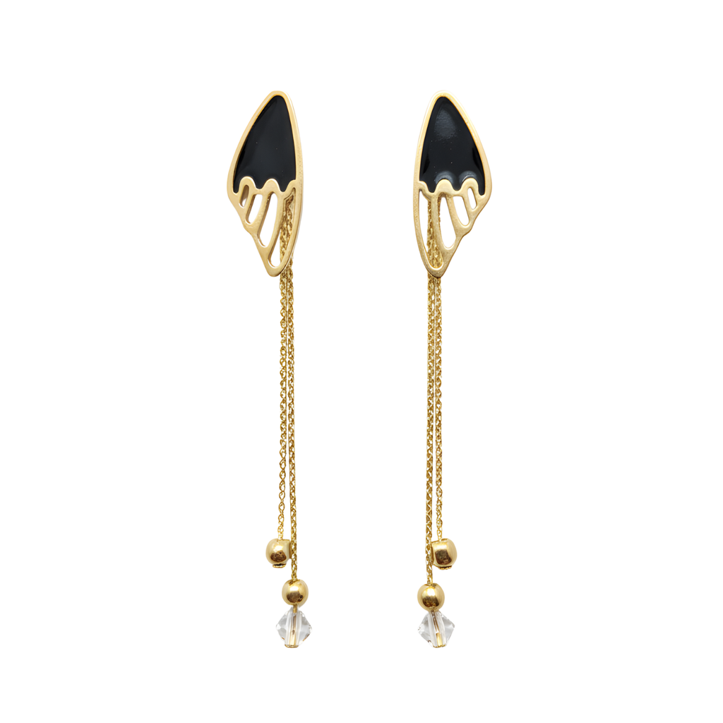 Long Butterfly Wing Earrings with Black Enamel 100% Steel 18K Gold Plated