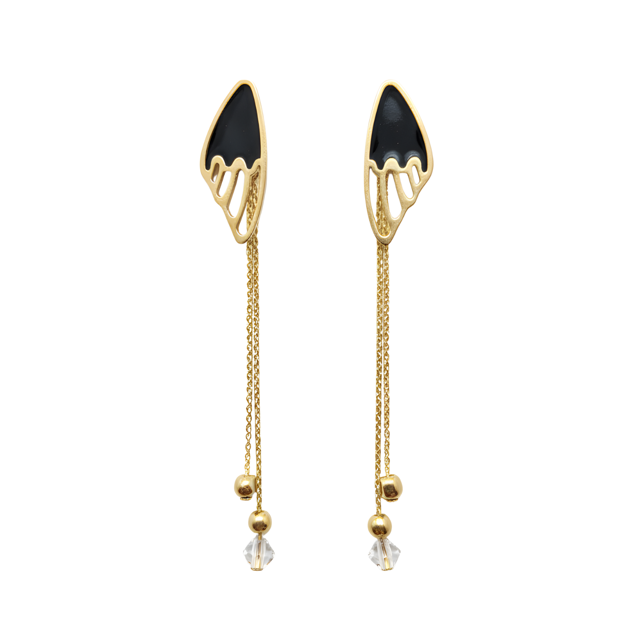 Pendientes Largos Ala de Mariposa con Esmalte Negro 100% Acero Bañado en Oro 18K
