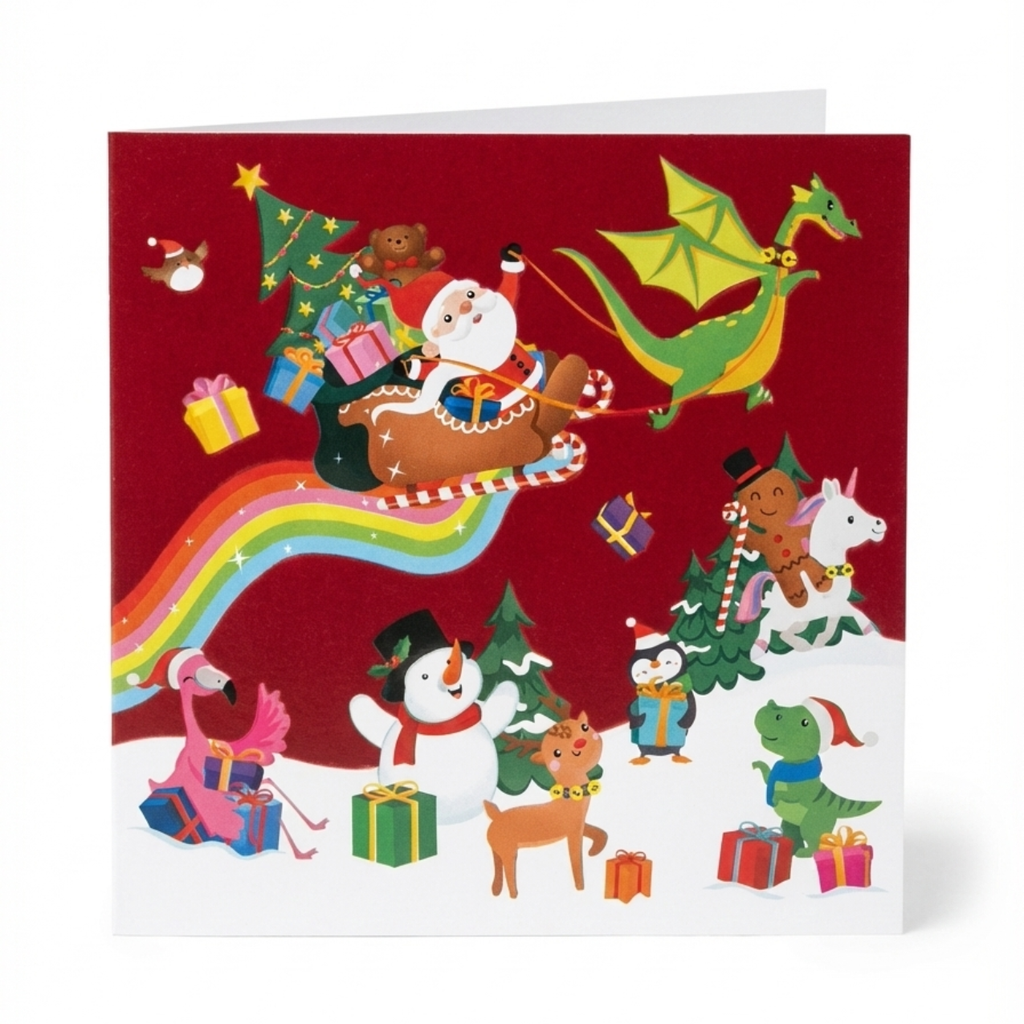 Tarjeta Navideña Fantasía: Papá Noel en Trineo con Dinosaurios, Unicornios y Dragón (Incluye Sobre)