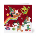 Tarjeta Navideña Fantasía: Papá Noel en Trineo con Dinosaurios, Unicornios y Dragón (Incluye Sobre)