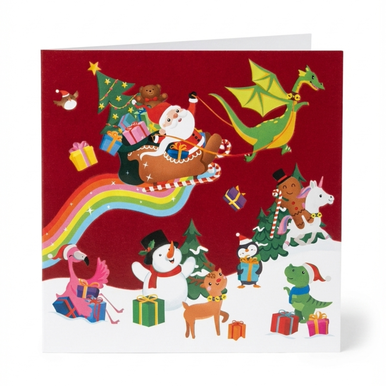 Tarjeta Navideña Fantasía: Papá Noel en Trineo con Dinosaurios, Unicornios y Dragón (Incluye Sobre)