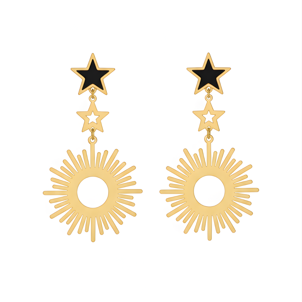 Boucles d'oreilles pendantes longues soleil et étoiles, émail noir, acier 100 % plaqué or 18 carats