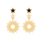 Boucles d'oreilles pendantes longues soleil et étoiles, émail noir, acier 100 % plaqué or 18 carats