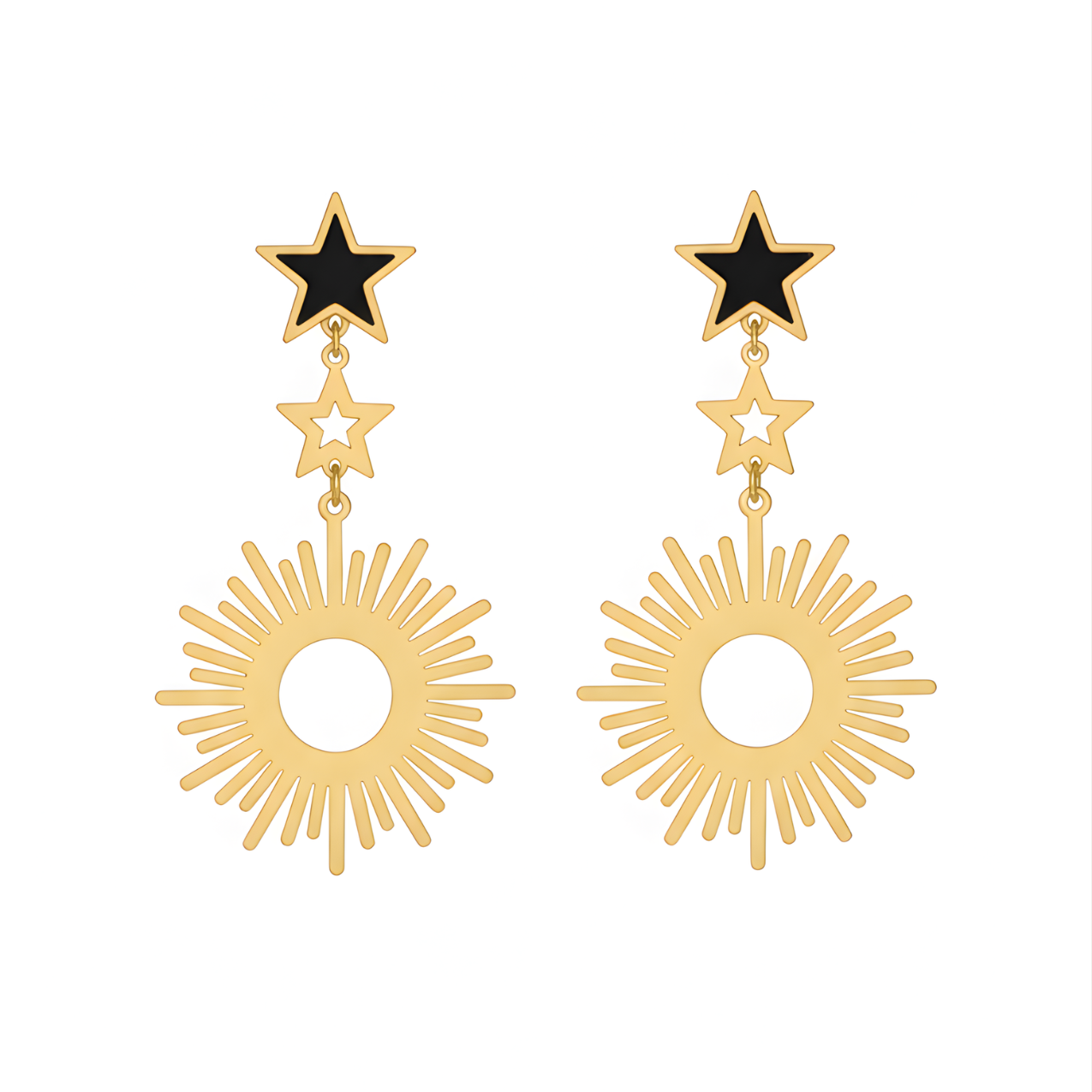 Pendientes Largos Colgantes Sol y Estrellas Esmalte Negro 100% Acero Bañado en Oro 18K