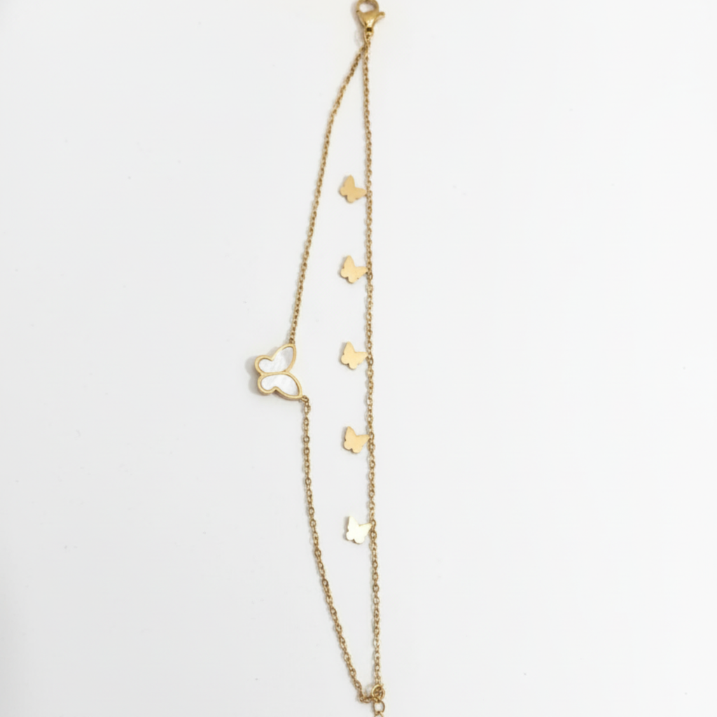 Pulsera Doble Cadena con Mariposas Nácar y Doradas 100% Acero Bañado en Oro 18K