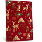 Tarjeta Navideña con Animales del Bosque, Fondo Rojo y Elementos Dorados (Incluye Sobre)