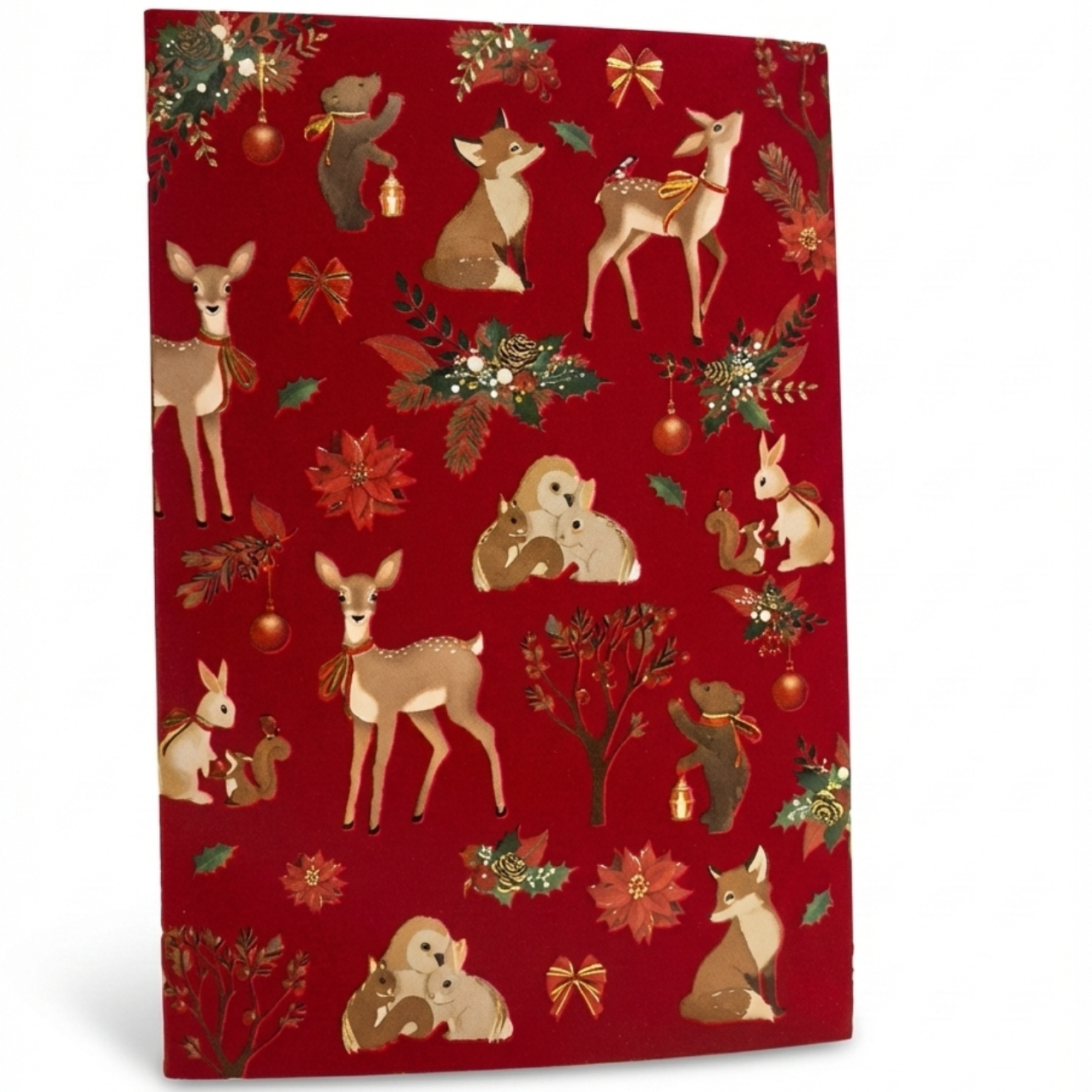 Tarjeta Navideña con Animales del Bosque, Fondo Rojo y Elementos Dorados (Incluye Sobre)