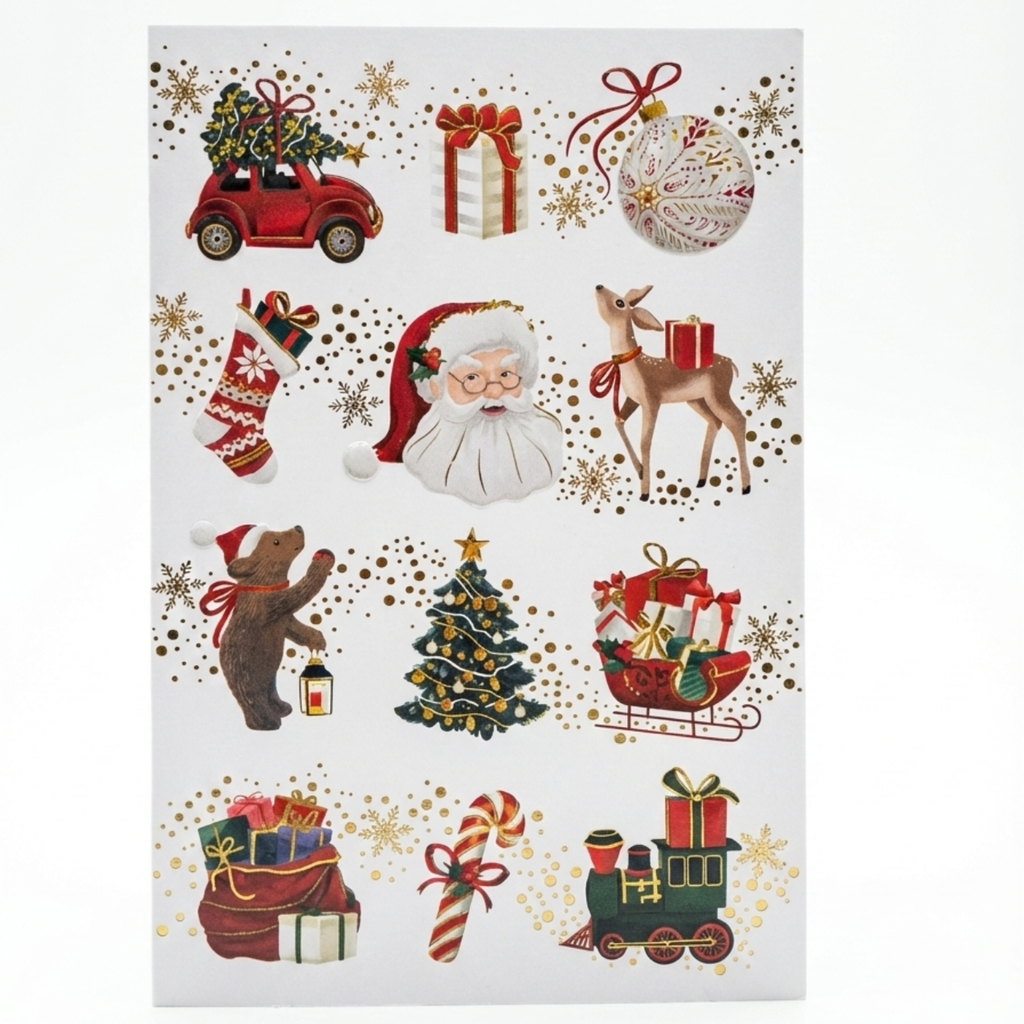 Tarjeta Navideña con Iconos Clásicos y Detalles Dorados (Incluye Sobre)