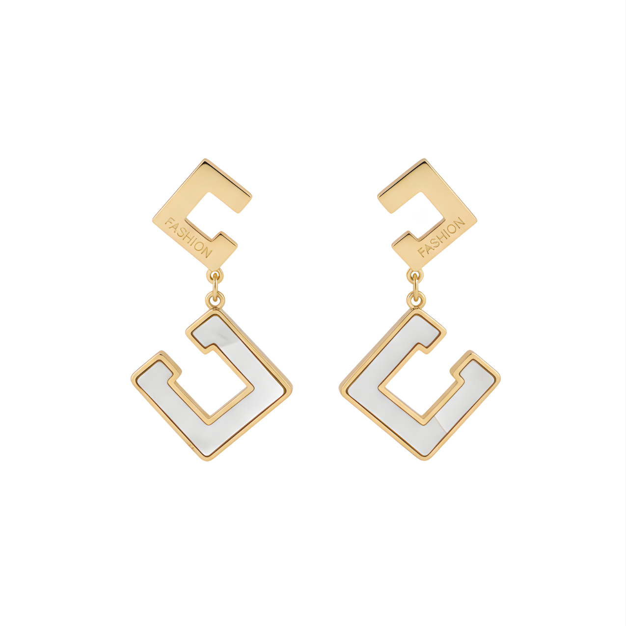 Pendientes Largos Colgantes Diseño Geométrico Nácar Blanco 100% Acero Bañado en Oro 18K