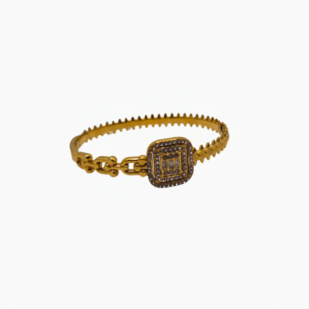 Bracelet rigide avec breloque carrée en zircone cubique, 100 % acier plaqué or 18 carats