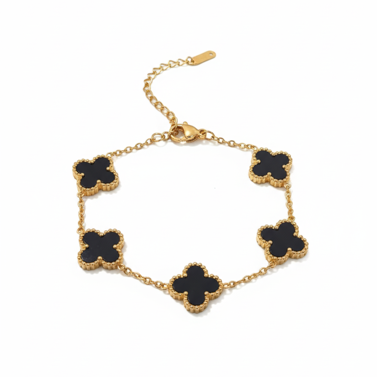 Pulsera Cadena con Cinco Tréboles Negros de Acero Chapado en Oro 18K