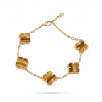 Bracelet Amulette Trèfles en Œil de Tigre – 100% Acier Plaqué Or 18K