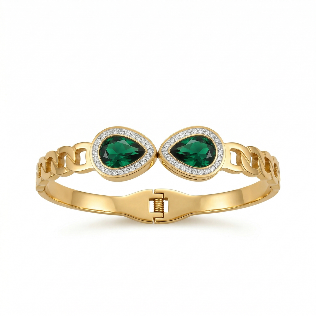 Bracelet rigide avec deux cristaux verts et zircones - 100 % acier plaqué or 18 carats