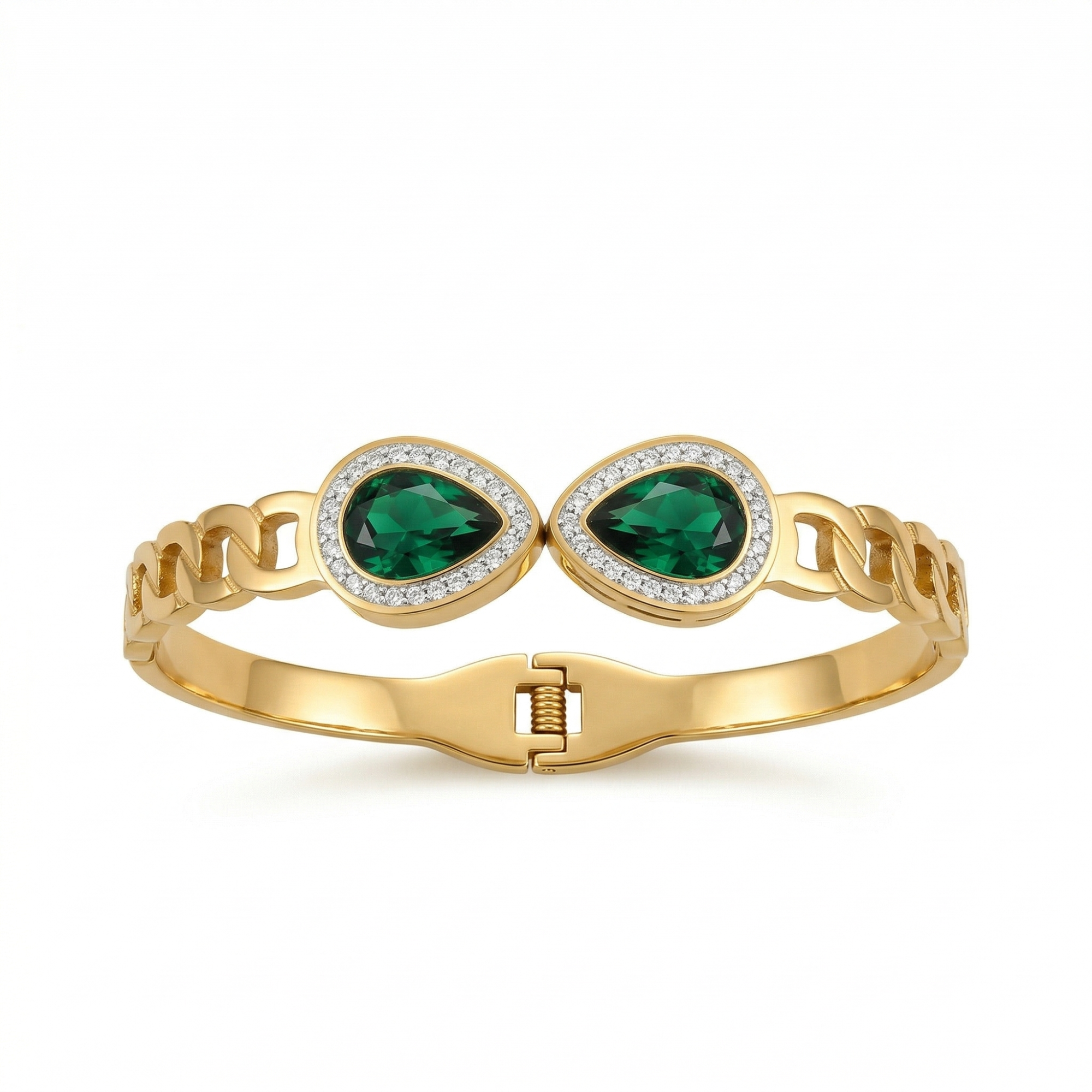 Bracelet rigide avec deux cristaux verts et zircones - 100 % acier plaqué or 18 carats