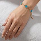 Bracelet trèfle bleu irisé, 100 % acier plaqué or 18 carats
