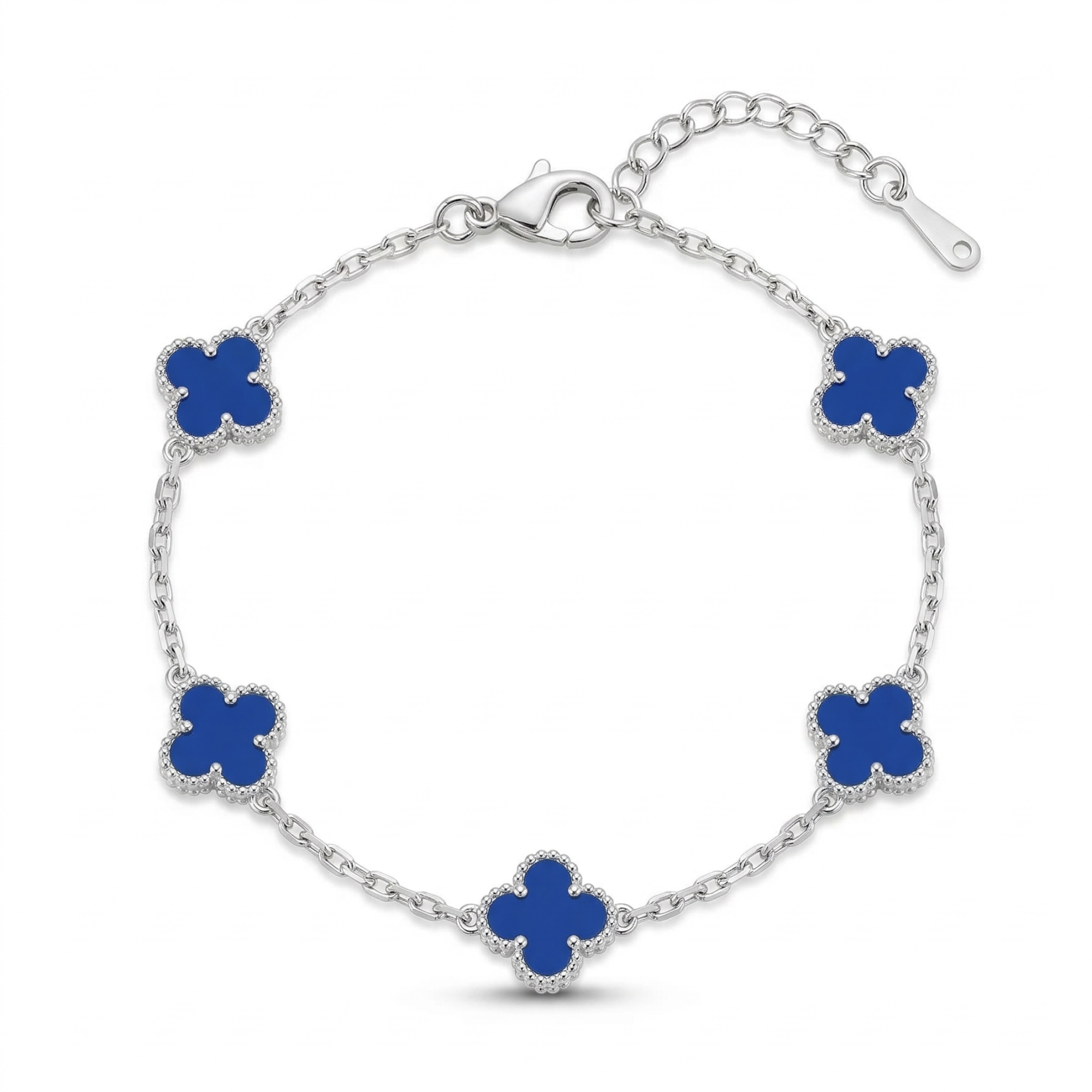 Conjunto de Joyas Trébol Azul Cobalto - 100% Acero Plateado (Collar, Pulsera y Pendientes)