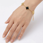 Bracelet trèfle noir et or alterné, 100 % acier plaqué or 18 carats