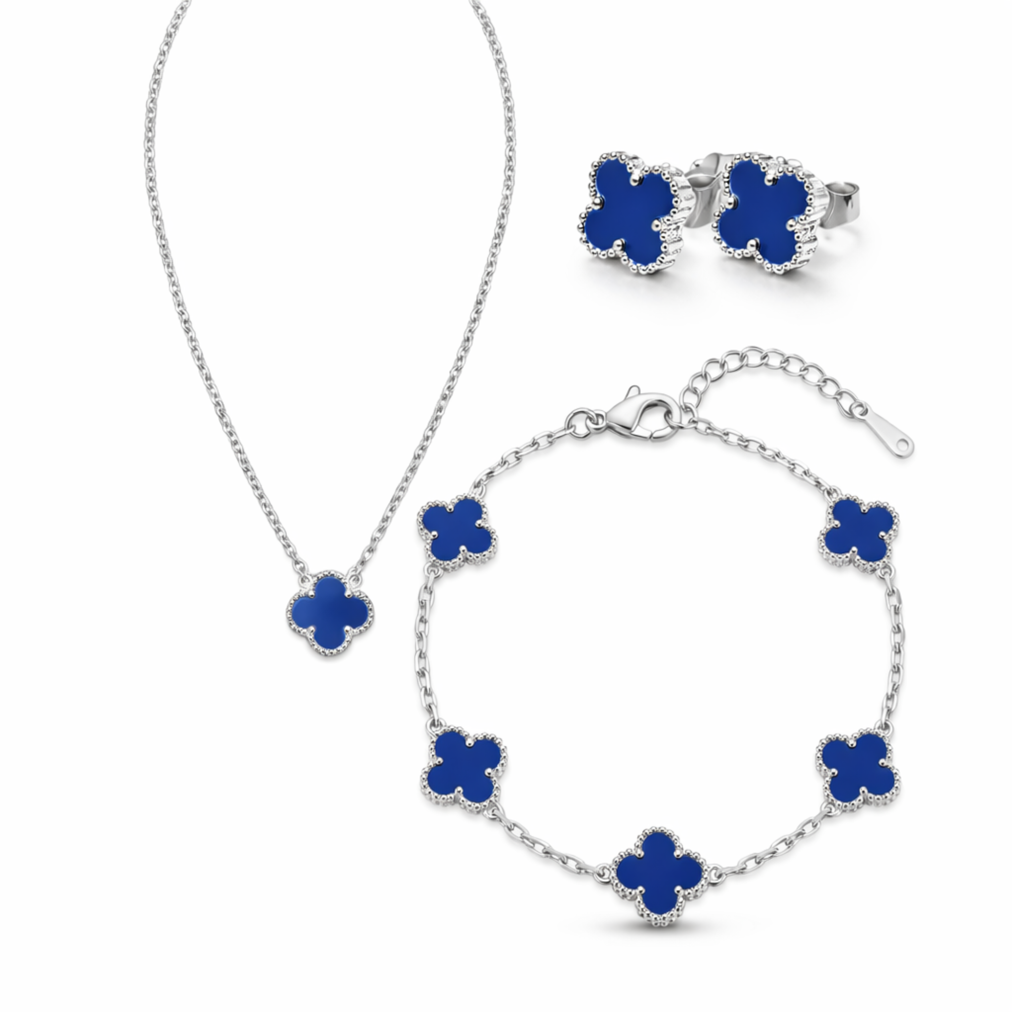Conjunto de Joyas Trébol Azul Cobalto - 100% Acero Plateado (Collar, Pulsera y Pendientes)