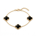 Bracelet Trèfle Onyx - Acier Inoxydable Plaqué Or 18K (Qualité 100%)