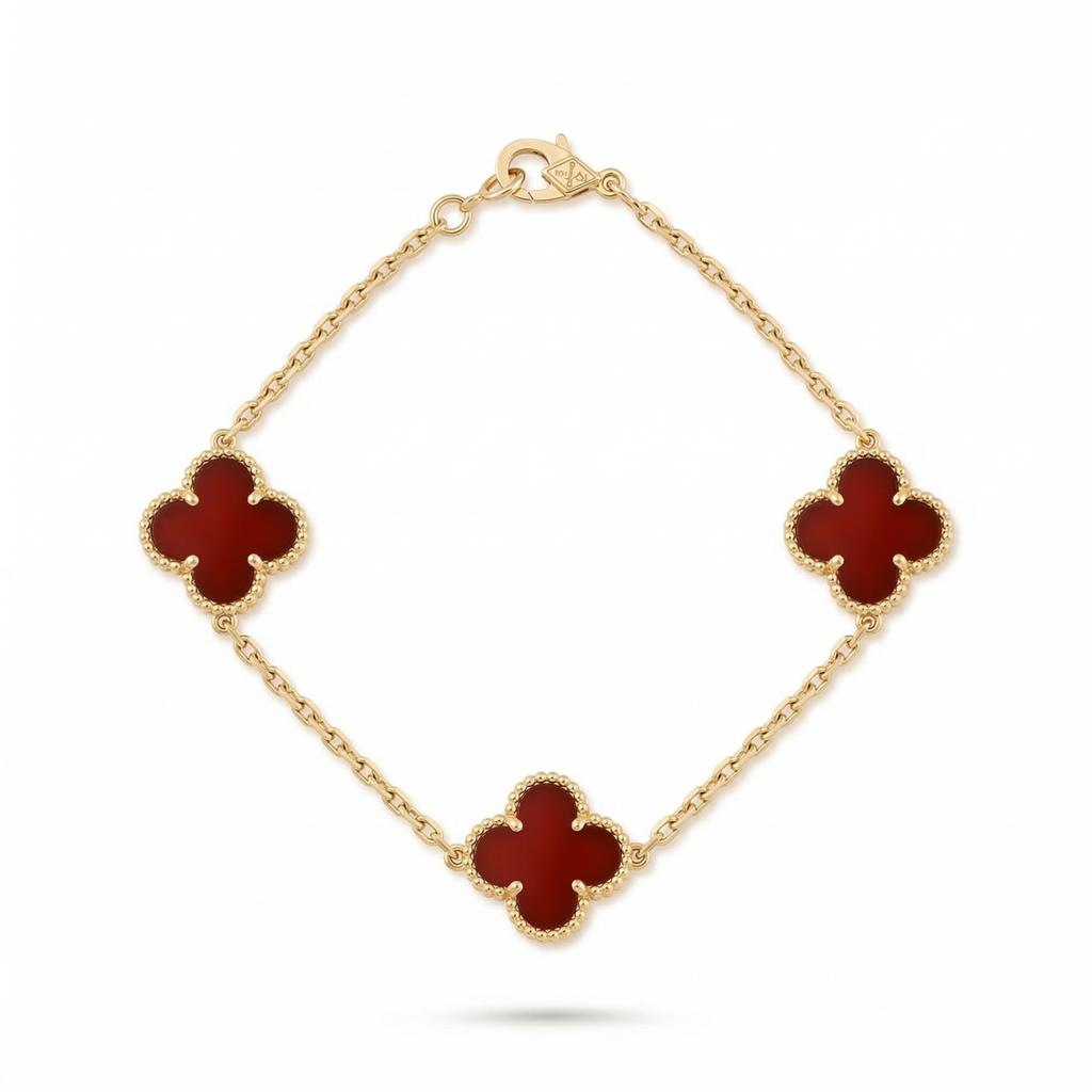 Bracelet porte-bonheur Trèfles en émail rouge – Acier inoxydable plaqué or 18 carats